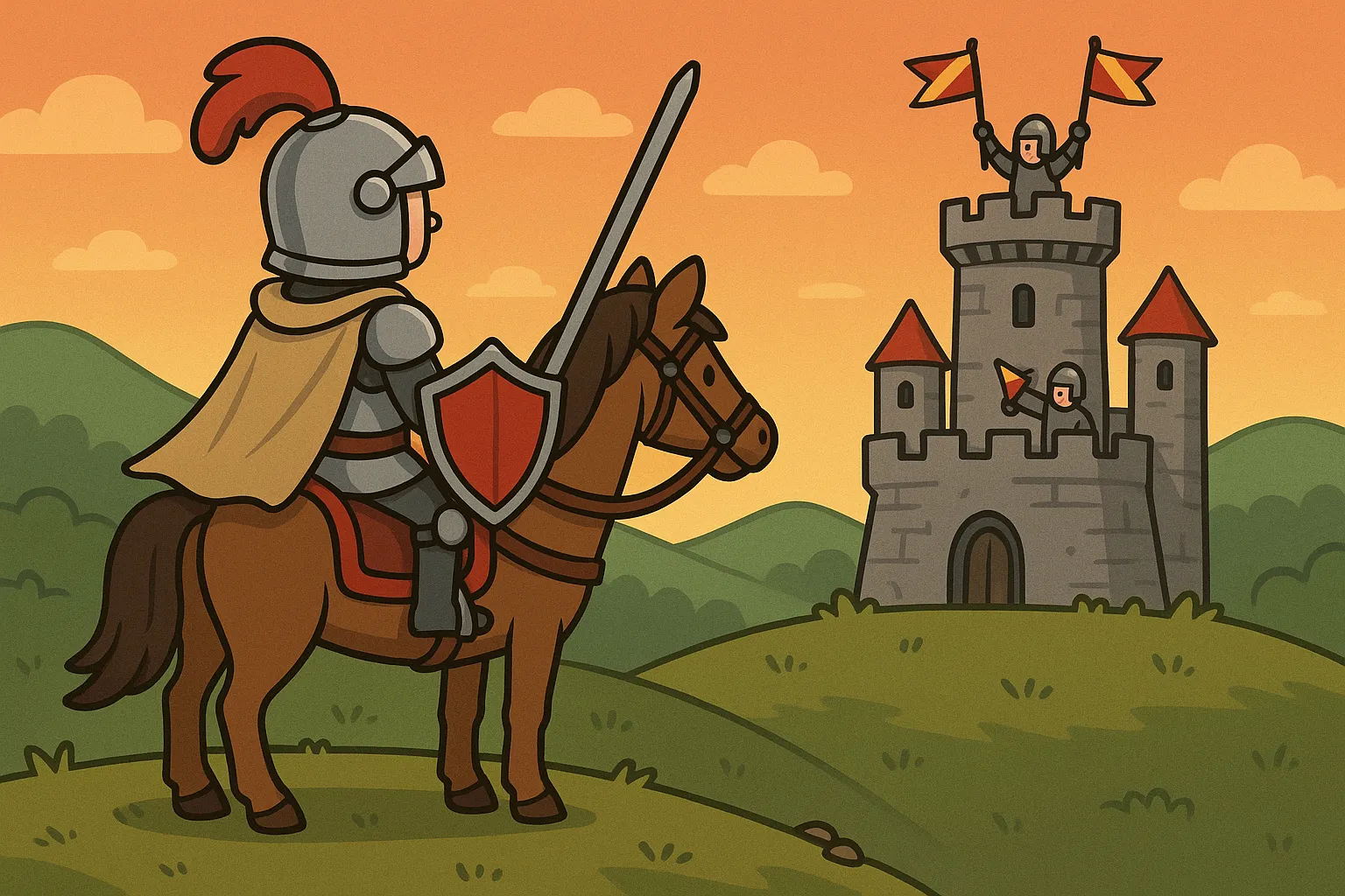 A knight being signaled by people in a castle with flags.